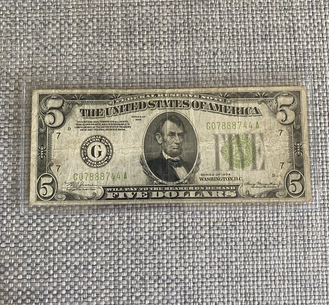 $5 LIGHT LIME GREEN SEAL FIVE DOLLAR Federal Reserve Note Series 1934