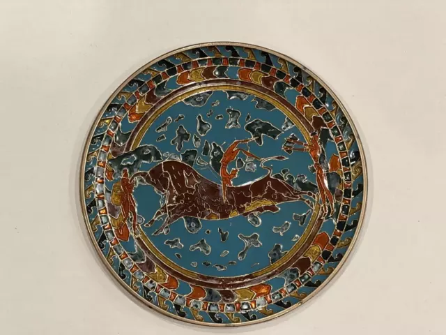 Vintage Greek Mythology Minoan Bull Leaping Enamel Cloisonné Mosaic Copper Plate