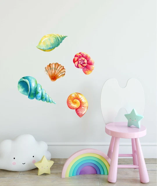 Colorful Seashells Set Wall Decal Set of 5 Watercolor Vinyl Wall Stickers Ocean