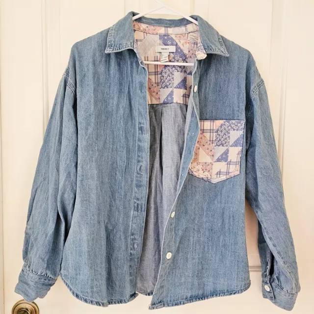 Denim Shacket Size S Quilted Patchwork Oversized Pink and Blue Western Festival