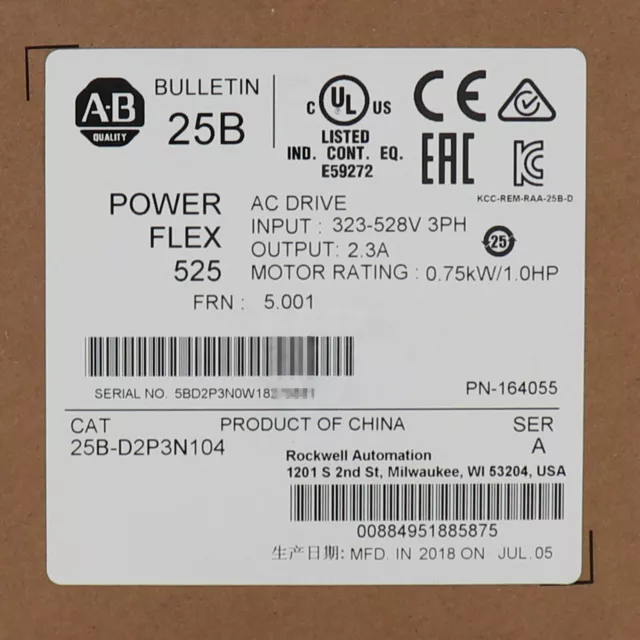 New AB 25B-D2P3N104 Allen-Bradley PowerFlex 525 0.75kW 1Hp AC Drive