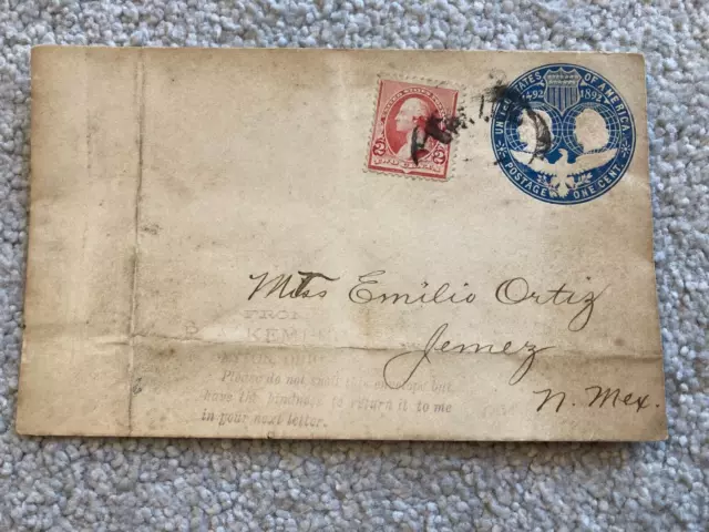 USA 1892 Embossed 1 Cent Postage Envelope, with 2c George Washington Stamp