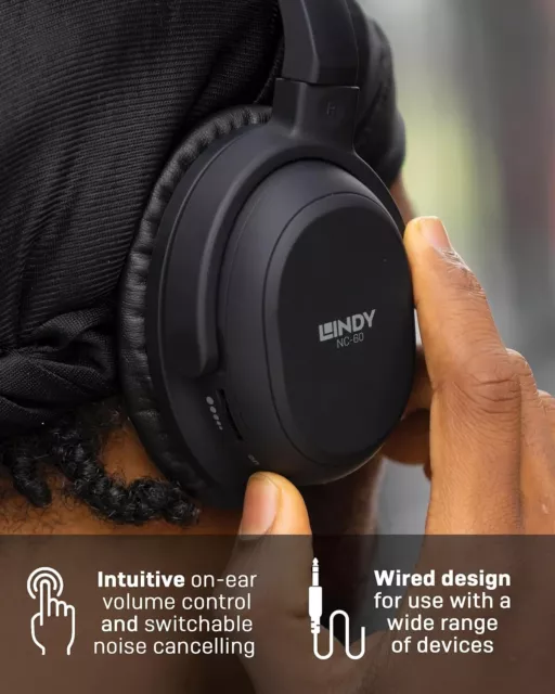 Lindy NC-60 Wired Active Noise Cancelling (ANC) Headphones, 40mm Drivers, 72hrs 3