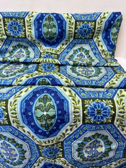 Vintage boho fabric from 60's 70's  blue turquoise avocado green 1.3 x  7 yards