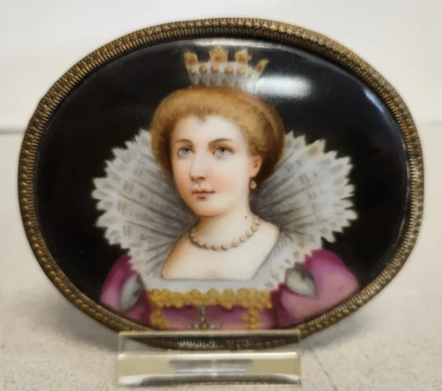 Antique Miniature QUEEN Crown Royalty Porcelain Portrait Painting in Gold Frame