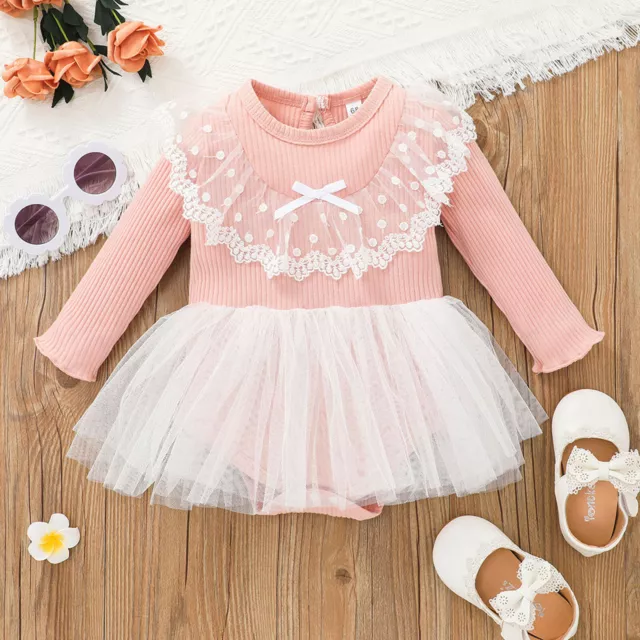 Newborn Baby Girls Long Sleeve Romper Bodysuit Casual Lace Tutu Skirts Dress Set