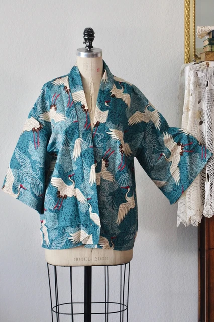 NWT Japanese Haori / Kimono Robe - Light Blue Crane Patern - Unisex OS