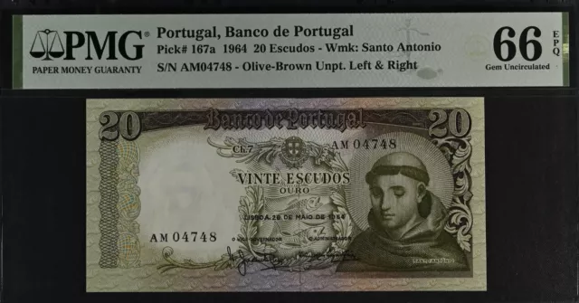 Billete Portugal 20 escudos 1964 P-167a GEM UNC PMG 66 **Inicio bajo **