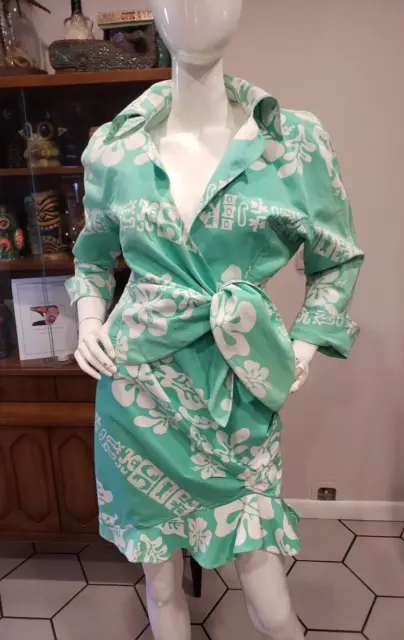 Vintage 1980s Thierry Mugler Tropical Seafoam Green Hawaiian Skirt Suit  42 S M