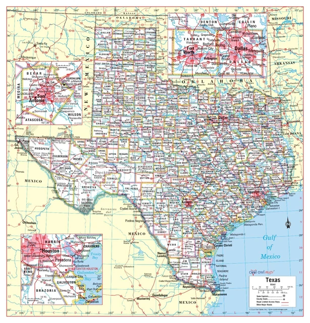 Texas State Wall Map Large Print Poster - Laminated 24"x25"