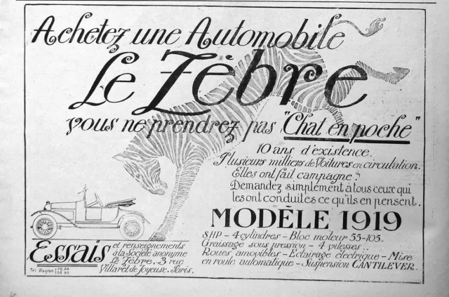 Publicité Presse 1919 Automobile Le Zèbre Suspension Cantilever - Advertising