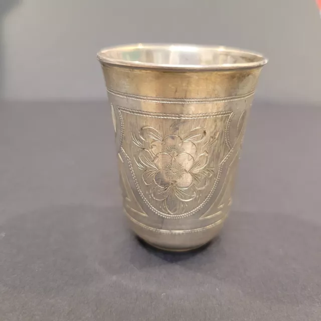 Antique 1883 Russian Silver 84 2" Cup Vodka Shot Glass Kiev ? Engraved Floral