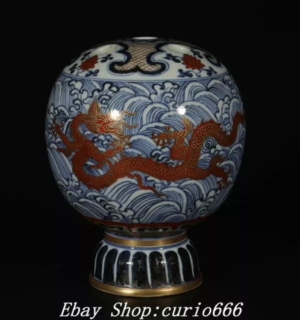 6'' Xuande Marked Blue White Red Glaze Porcelain Dragon Loong Beast Bottle Vase