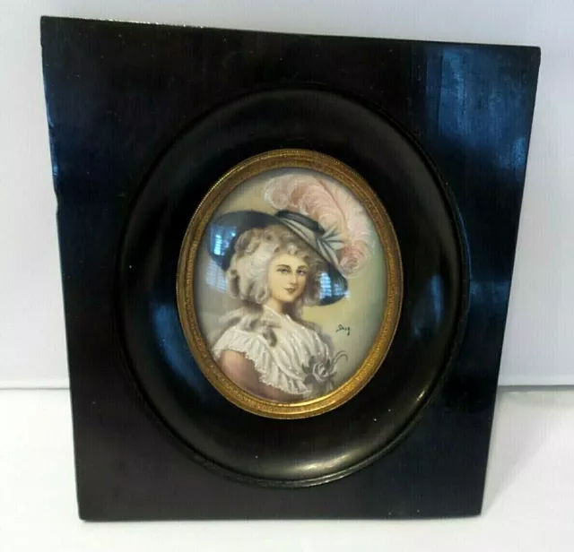 Antique  Victorian Lady Handpainted Portrait Signed Framed Wood Frame Convic Gl