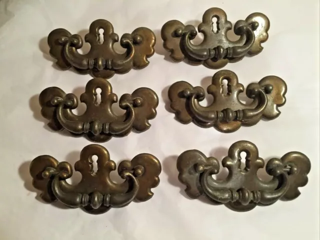 6 Antique Vtg Ornate Brass Batwing Keyhole Cabinet Drawer Bail Pull Handle Set
