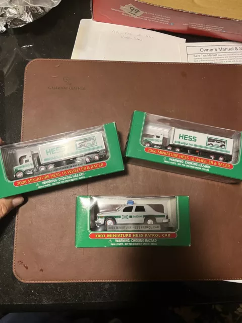 Lot of 3 Hess Miniature Truck and Car 2003 Patrol Car and 2 2006 Racer Transport