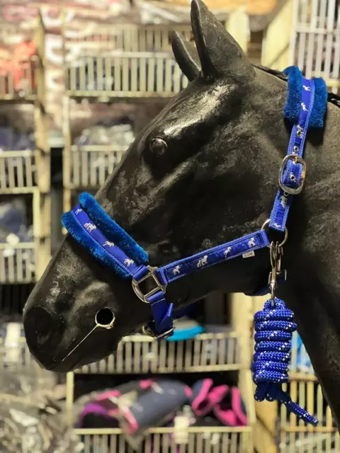 Equipride Horse Print Fur Padded Nylon Headcollars with Lead Rope Royal Blue