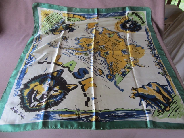 1960s Alaska State Map Silk SCARF Souvenir Polar Bears Huskies Eskimos Totem 1960s Alaska State Map Silk SCARF Souvenir Polar Bears Huskies Eskimos Totem