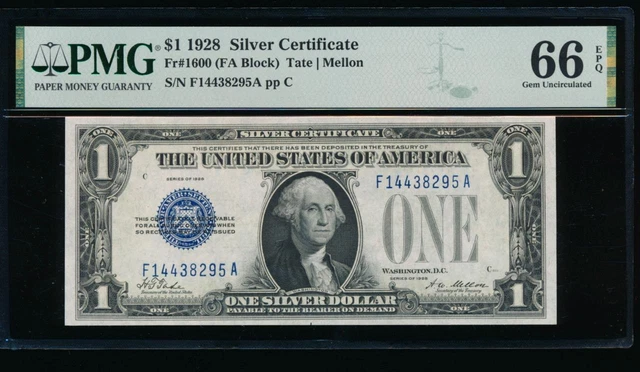 AC 1928 $1 Silver Certificate PMG 66 EPQ F-A block  Fr 1600