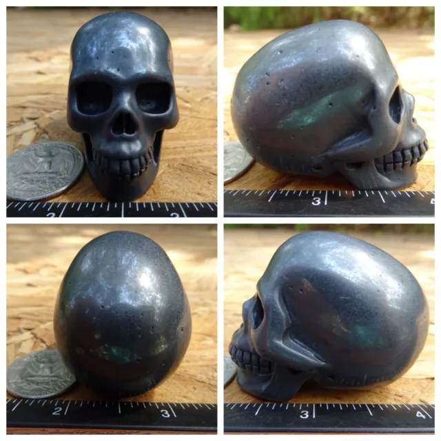 2.08" Hematite Skull Carved Stone 196.1g 6.9oz Crystal Healing Realistic