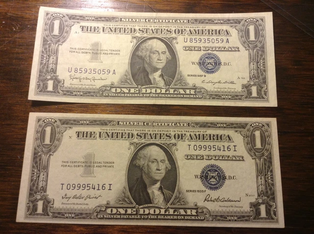 Two - One Dollar Silver Certificates Blue Seal Series 1935F & 1957B AU Condition