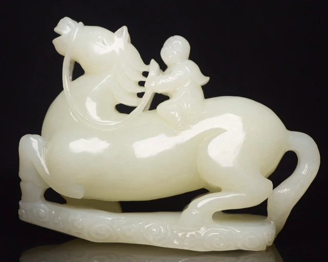 Chinese Exquisite Handmade Horse and Figure carving Hetian Jade Statue