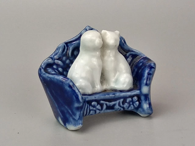 Miniature dollhouse Vintage Pug Dog and cat on sofa Figurine