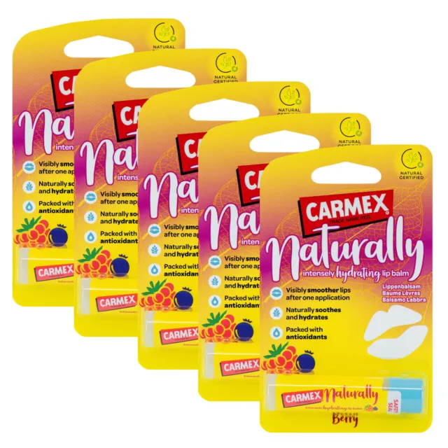 5 x Carmex NATURALLY Berry Lip Balm Natural Hydrating Moisturising Stick 4.25g