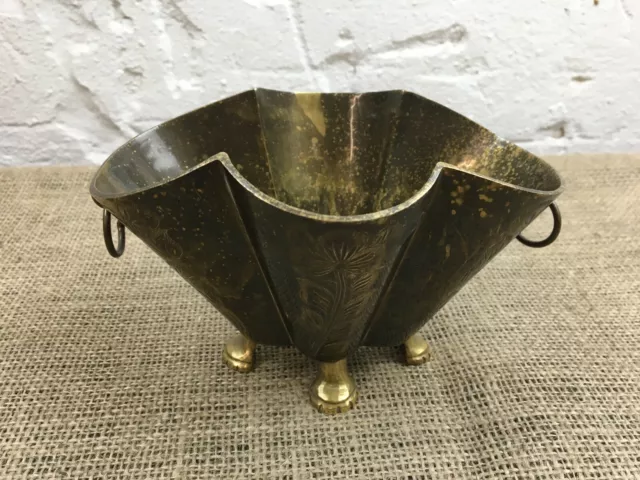 Vintage  Antique Anglo Indian Engraved Brass Footed Planter With Handles