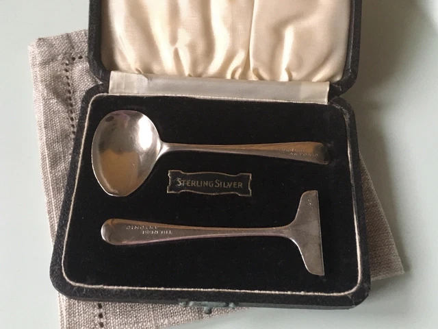 Box Set Bimbo Cucchiaino&Pusher Argento 925 Sterling Inglese 1946 Sheffield 38gr