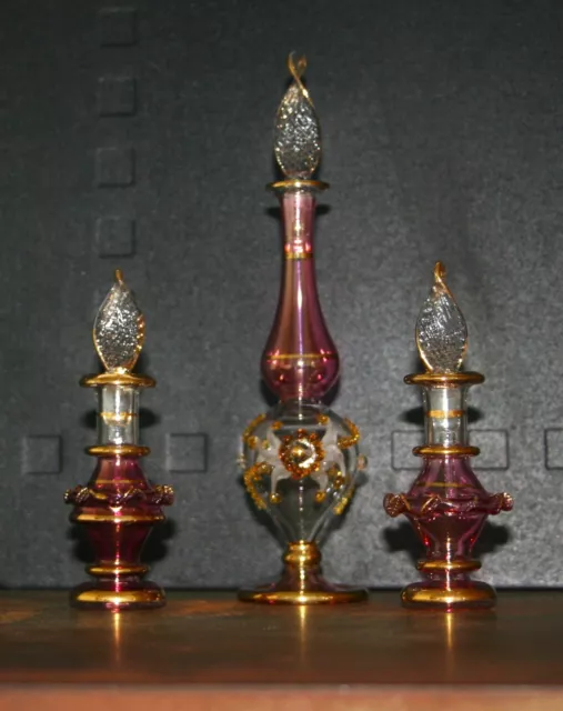 Egyptian Glass Set Of Three Perfume Bottles  Gold Decorated  Egyptian Glass