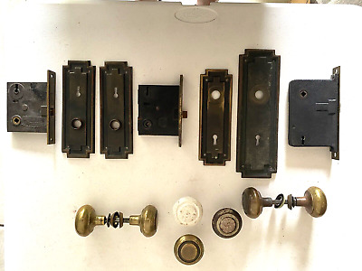 TWO VINTAGE MORTISE LOCK SETS w/ DOOR PLATES & KNOBS NO KEY, SARGENT, R H CO.
