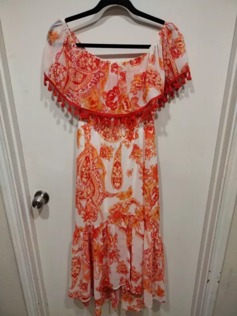 Flying Tomato Women's Coral Paisley Floral Print Off Shoulder Maxi Dress Size M