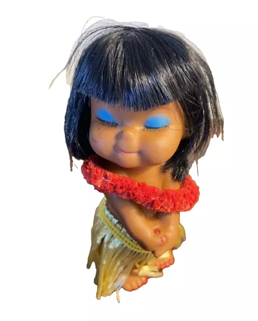 Adorable Hawaiian Hula Girl 5” Doll Vinyl Grass Skirt Lei Hong Kong Vintage 70s