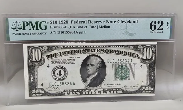1928 $10 Federal Reserve Note Cleveland FR.2000-D - PMG 62 - Numeric 4