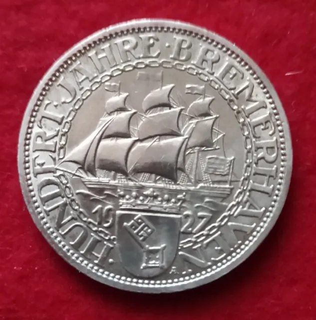 Weimarer Republik 3 Reichsmark 1927 A,  Bremerhaven Silber - Jaeger 325