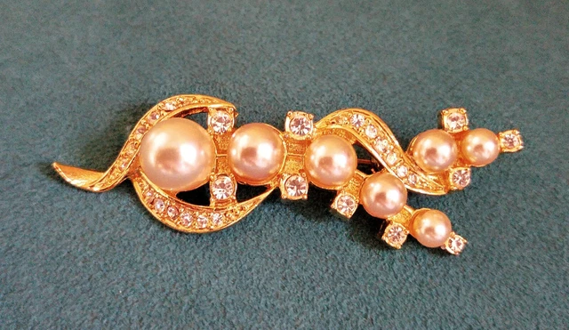 Ancienne Broche dorée à l'or fin forme ruban perles & strass Qualité luxe Unique