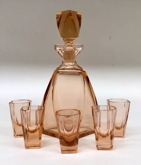 Art Deco Bohemian Glass Liqueur Decanter & 5 X Shot/tot Glasses Peach Moser?