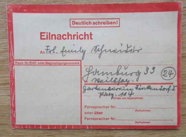 Eilnachricht / Lebenszeichen  Hamburg Bombenangriff 07.11.1944  alles verloren!
