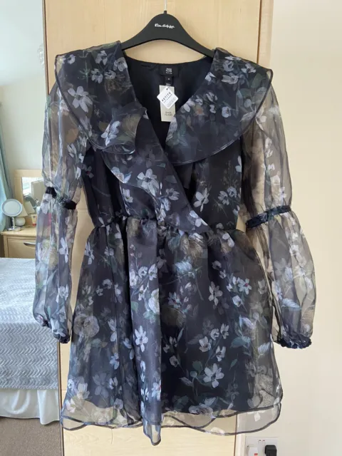 Mini abito nuovo con etichette River Island Petite nero organza floreale floreale, donna Regno Unito taglia 10