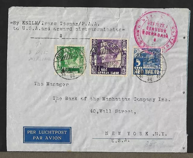 Wwii Netherlands Indies Semarang To Us Air Mail Knilm Censor Cover 1940