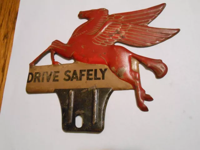 Vintage Mobil Oil Pegasus license plate topper Drive Safely