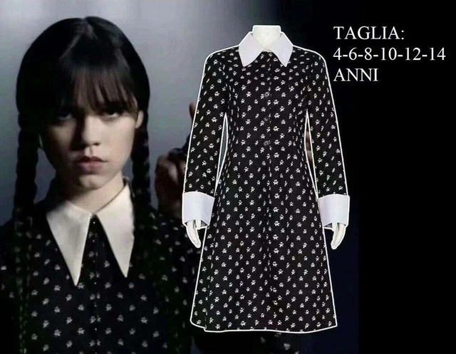 Costume Carnevale Mercoledi Famiglia Addams Serie Tv Netflix Bambina + Parrucca