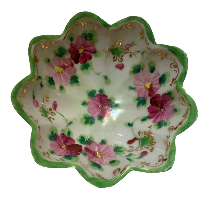 Hand Painted Pink & Yellow Roses Gold Trim 4 Inch Bowl Scalloped