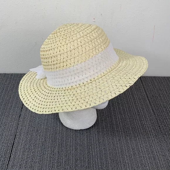 Sun Hat Womens One Size Yellow Paper Straw White Ribbon Band Floppy Wide Brim