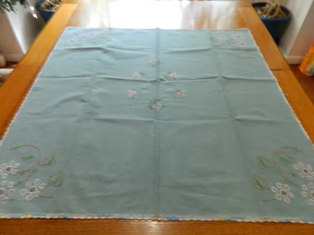 L-23 Vintage Hand-Embroidered & Crocheted Dusky Blue Tablecloth 34 In Sq