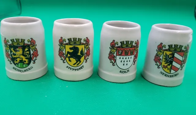 Set Of 4 VTG W Germany Town Crest Glazed Stoneware Beer steins mini shots Mug