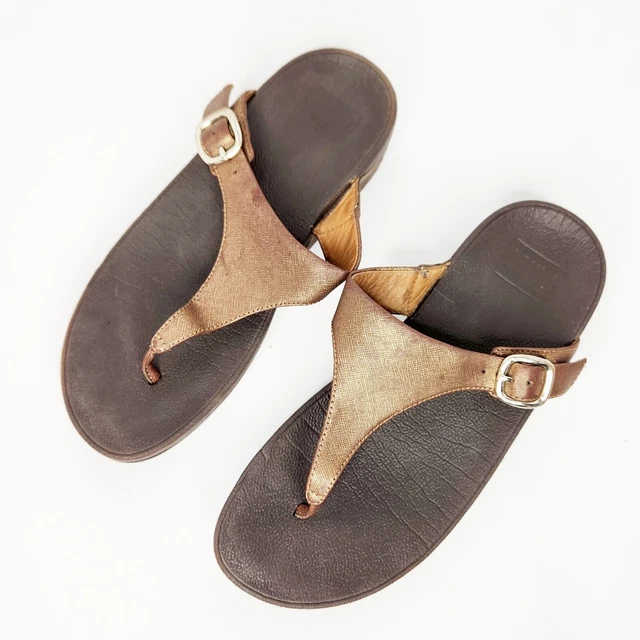FITFLOP Skinny Deluxe T-Strap Sandal Thong Buckle Bronze Brown Leather Sz 7