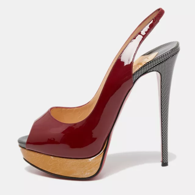 Christian Louboutin Burgundy Patent Leather Lady Peep Slingback Pumps Size 40