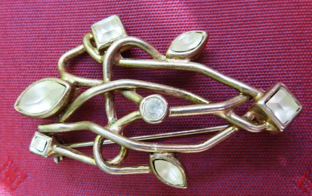 Broche Vintage Style Moderniste - Rameaux Et Strass Bleus Signée ANICA - Étain Plaqué Or - Bijou Fantaisie Rétro